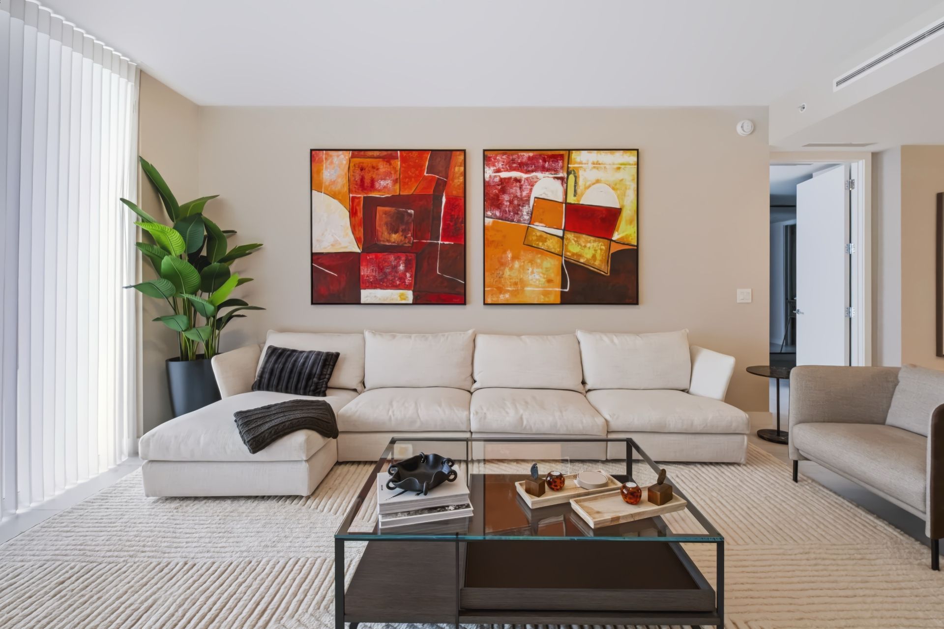 Living room with custom entertainment wall, Barbakoff Residence at Alina Residences, Boca Raton