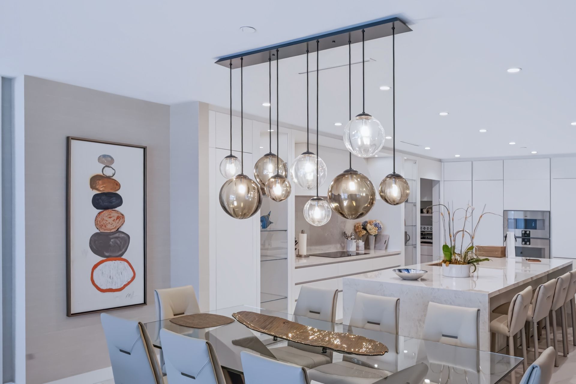 Dining room with glass pendant chandelier, Barbakoff Residence at Alina Residences, Boca Raton