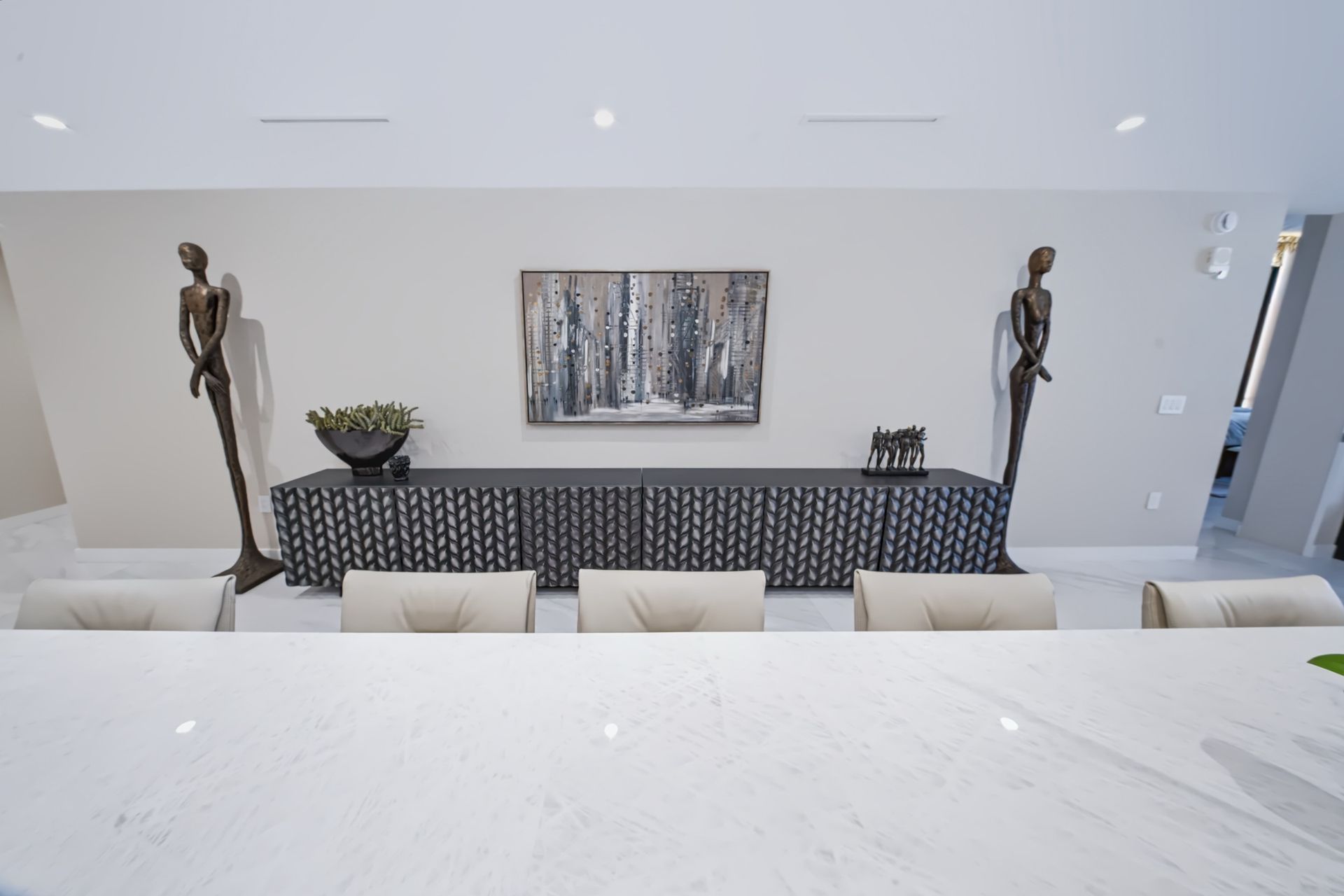Elevator hall with sculptural black console, Barbakoff Residence at Alina Residences, Boca Raton