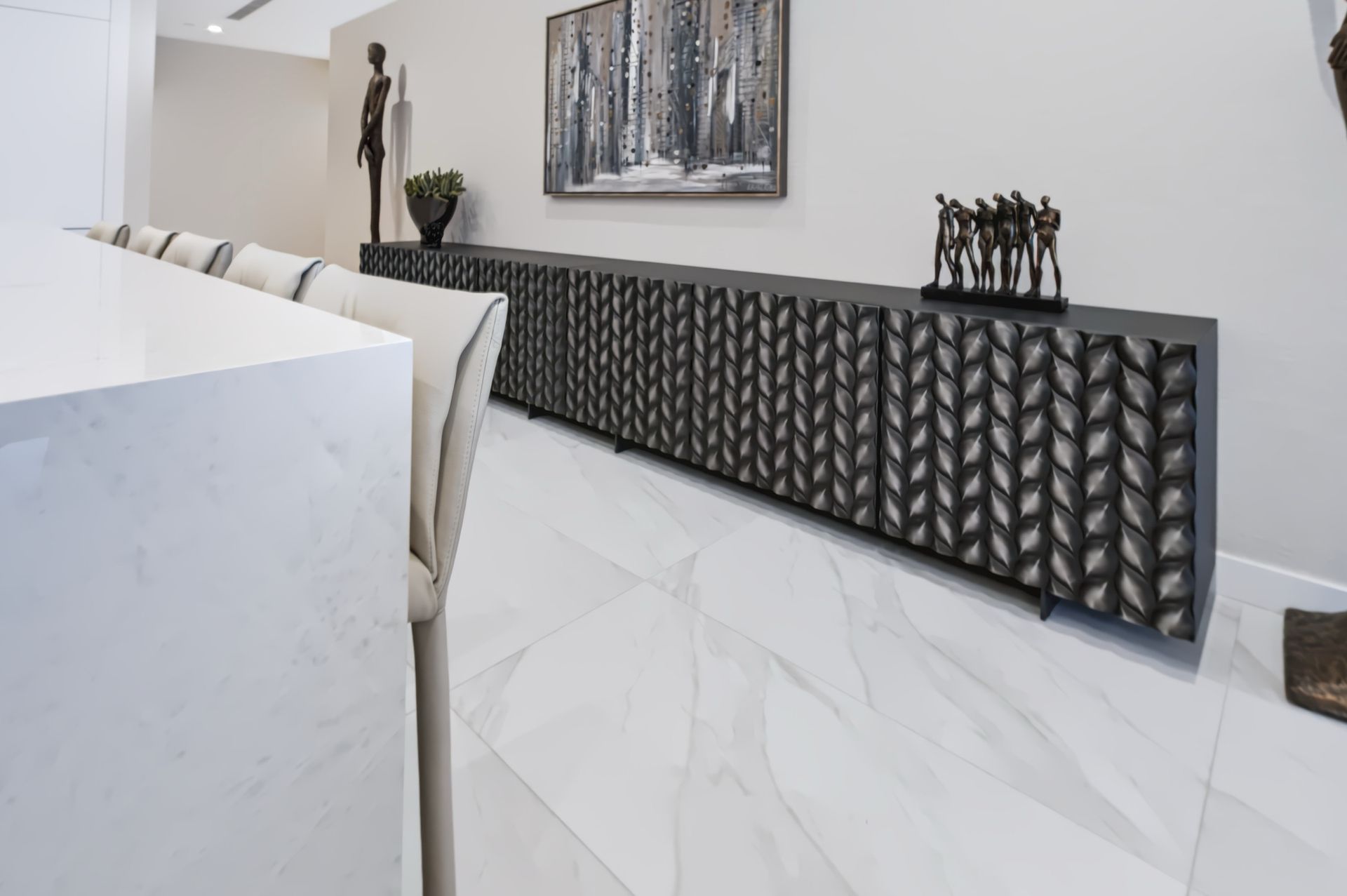 Elevator hall with sculptural black console, Barbakoff Residence at Alina Residences, Boca Raton