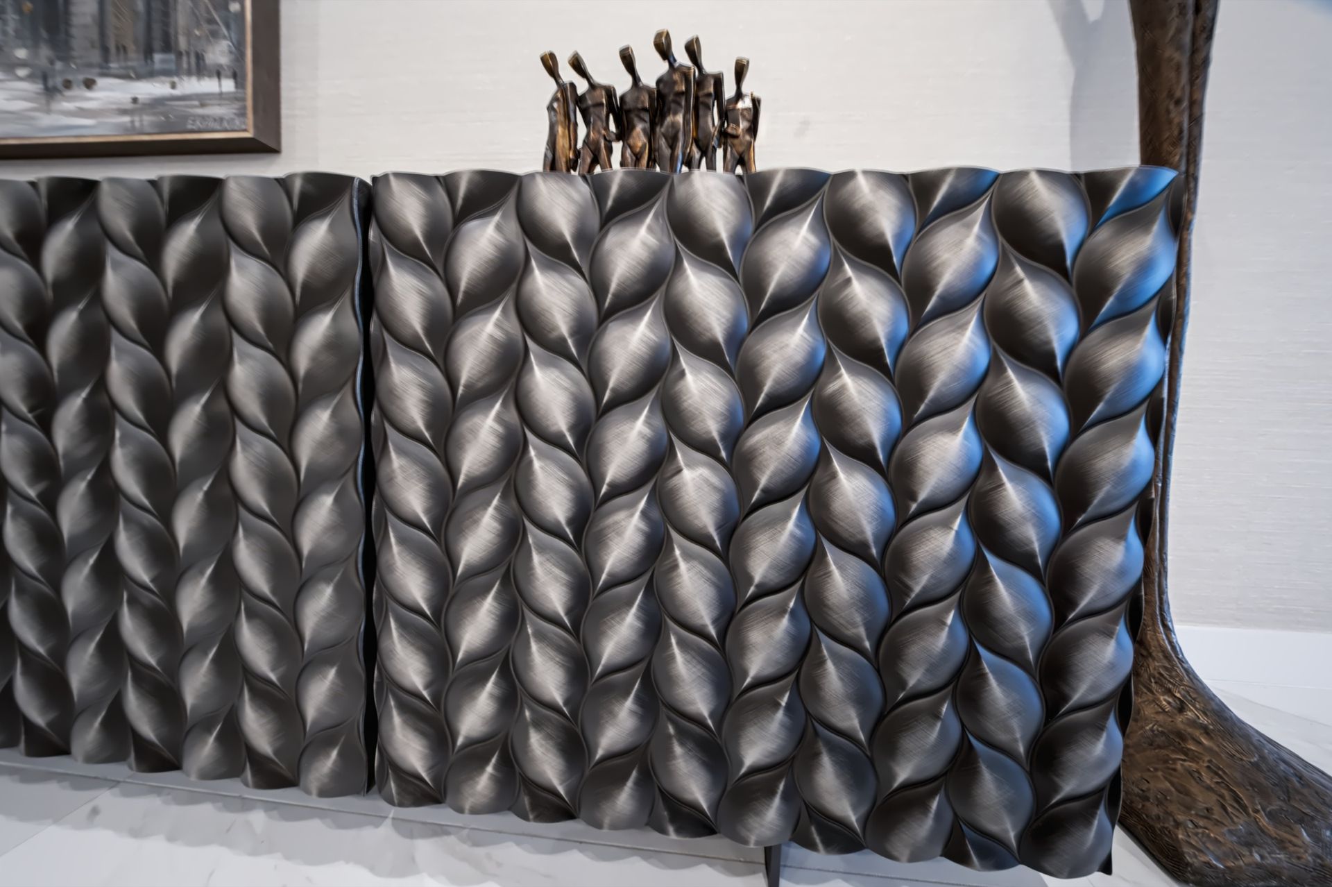Elevator hall with sculptural black console, Barbakoff Residence at Alina Residences, Boca Raton