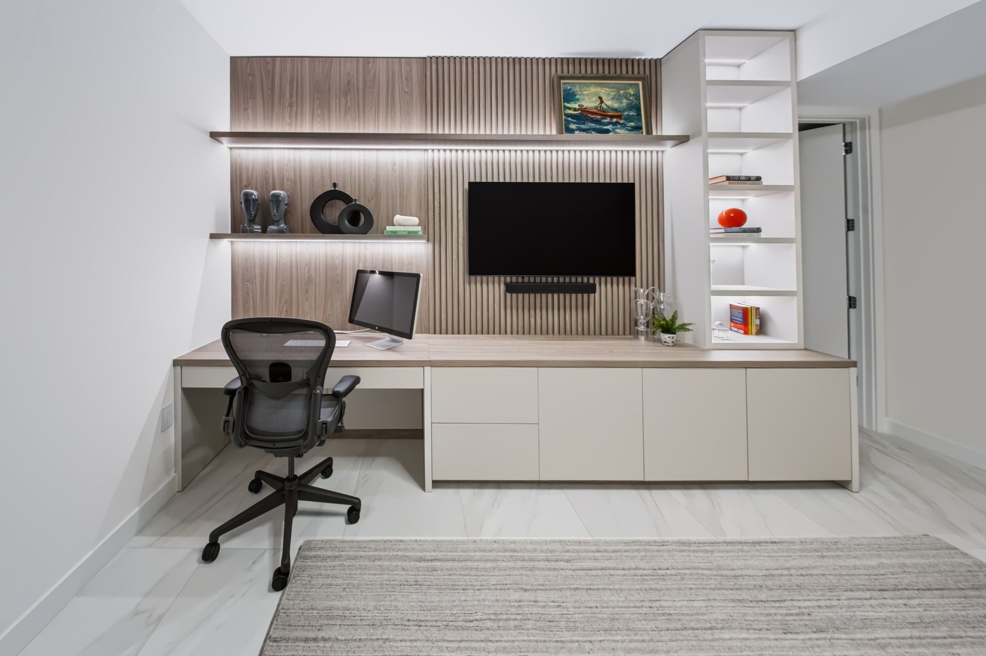 Home office with walnut slatted wall and illuminated shelving, Barbakoff Residence at Alina Residences, Boca Raton