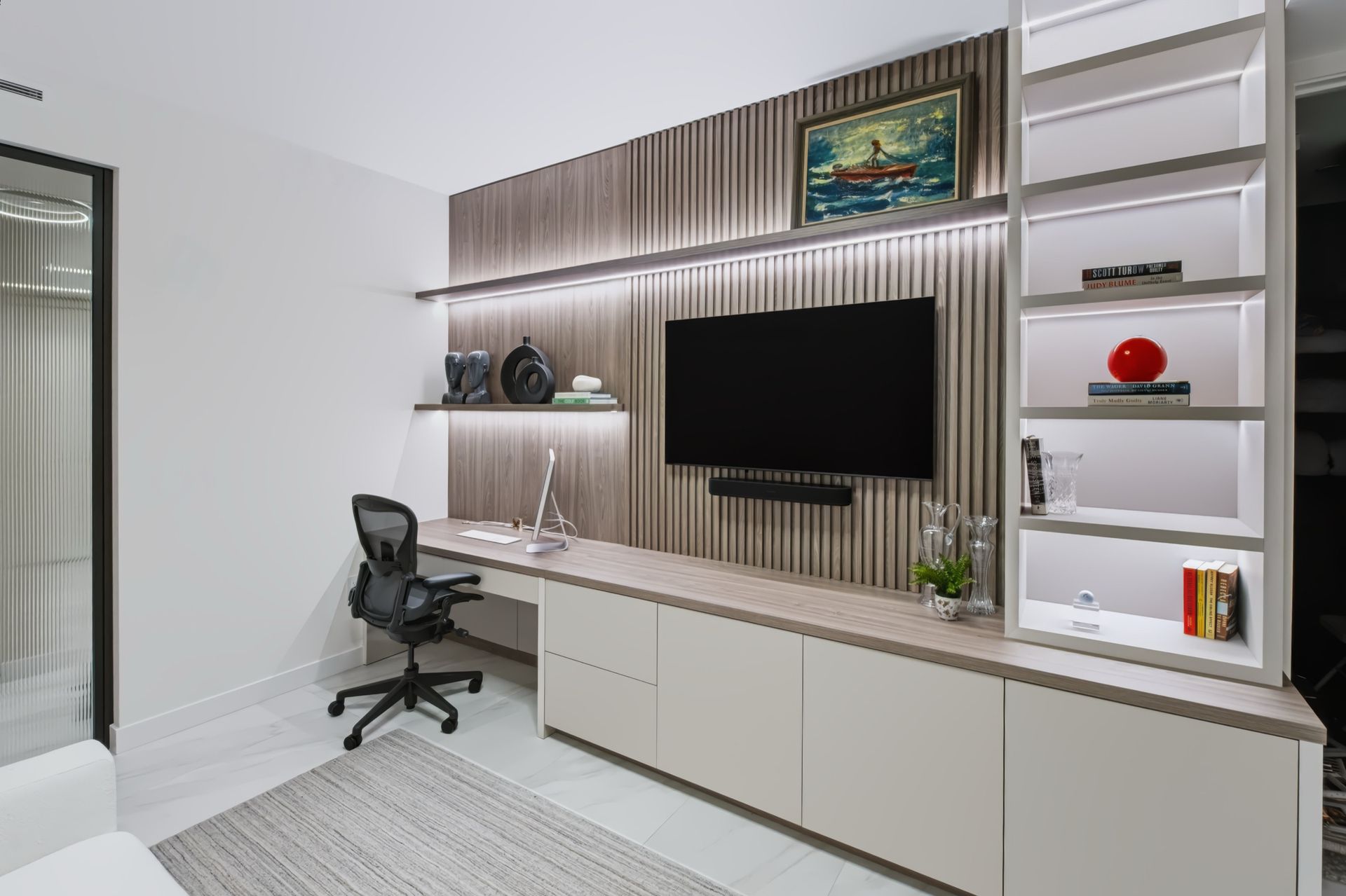 Home office with walnut slatted wall and illuminated shelving, Barbakoff Residence at Alina Residences, Boca Raton