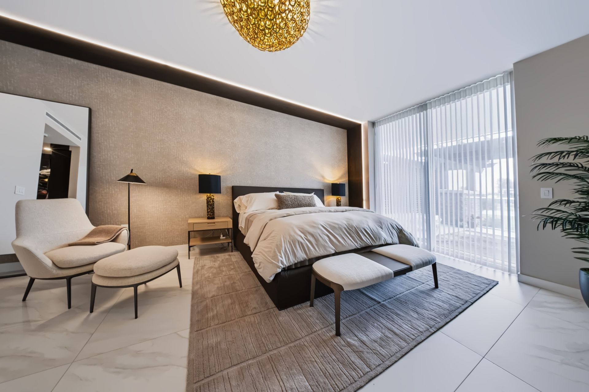 Primary bedroom with textured accent wall, Barbakoff Residence at Alina Residences, Boca Raton