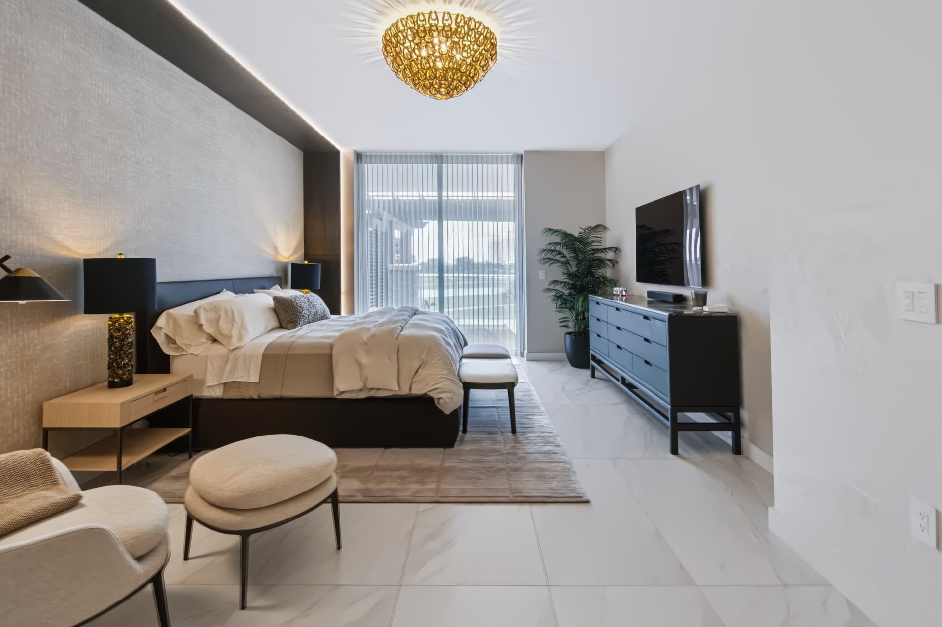 Primary bedroom with textured accent wall, Barbakoff Residence at Alina Residences, Boca Raton