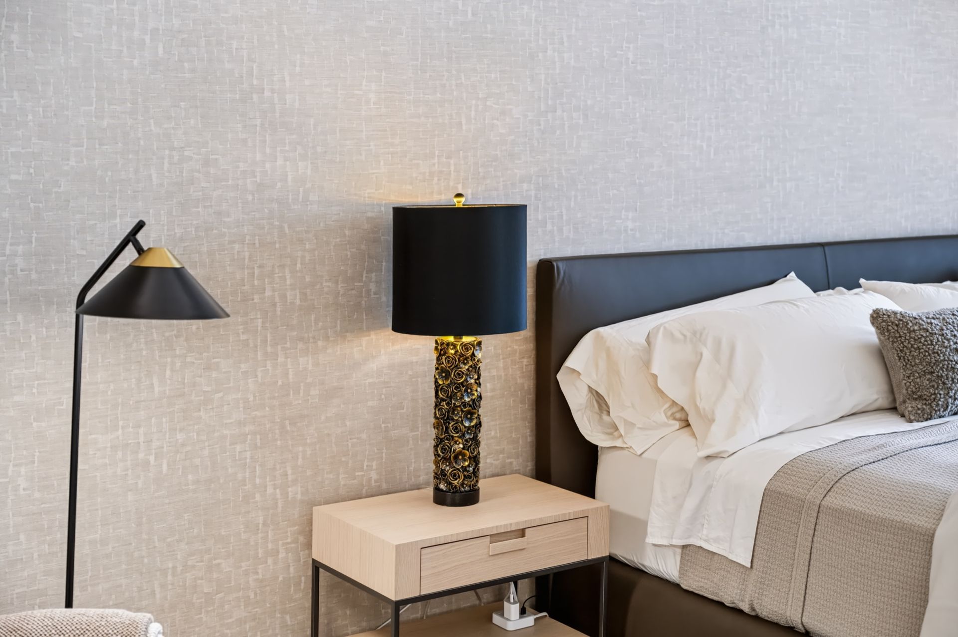 Primary bedroom with textured accent wall, Barbakoff Residence at Alina Residences, Boca Raton