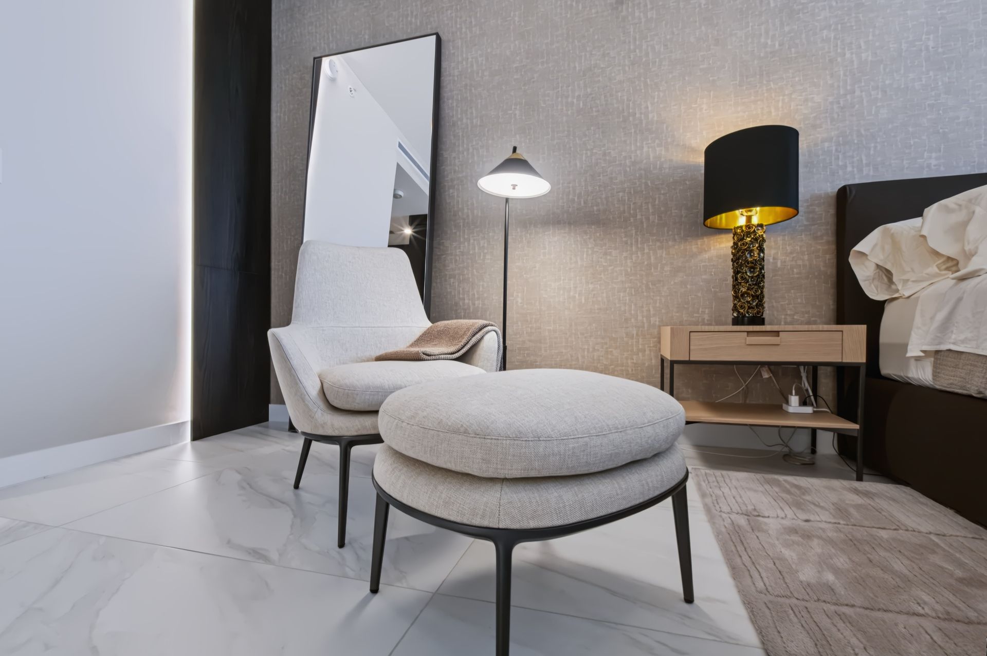 Primary bedroom with textured accent wall, Barbakoff Residence at Alina Residences, Boca Raton
