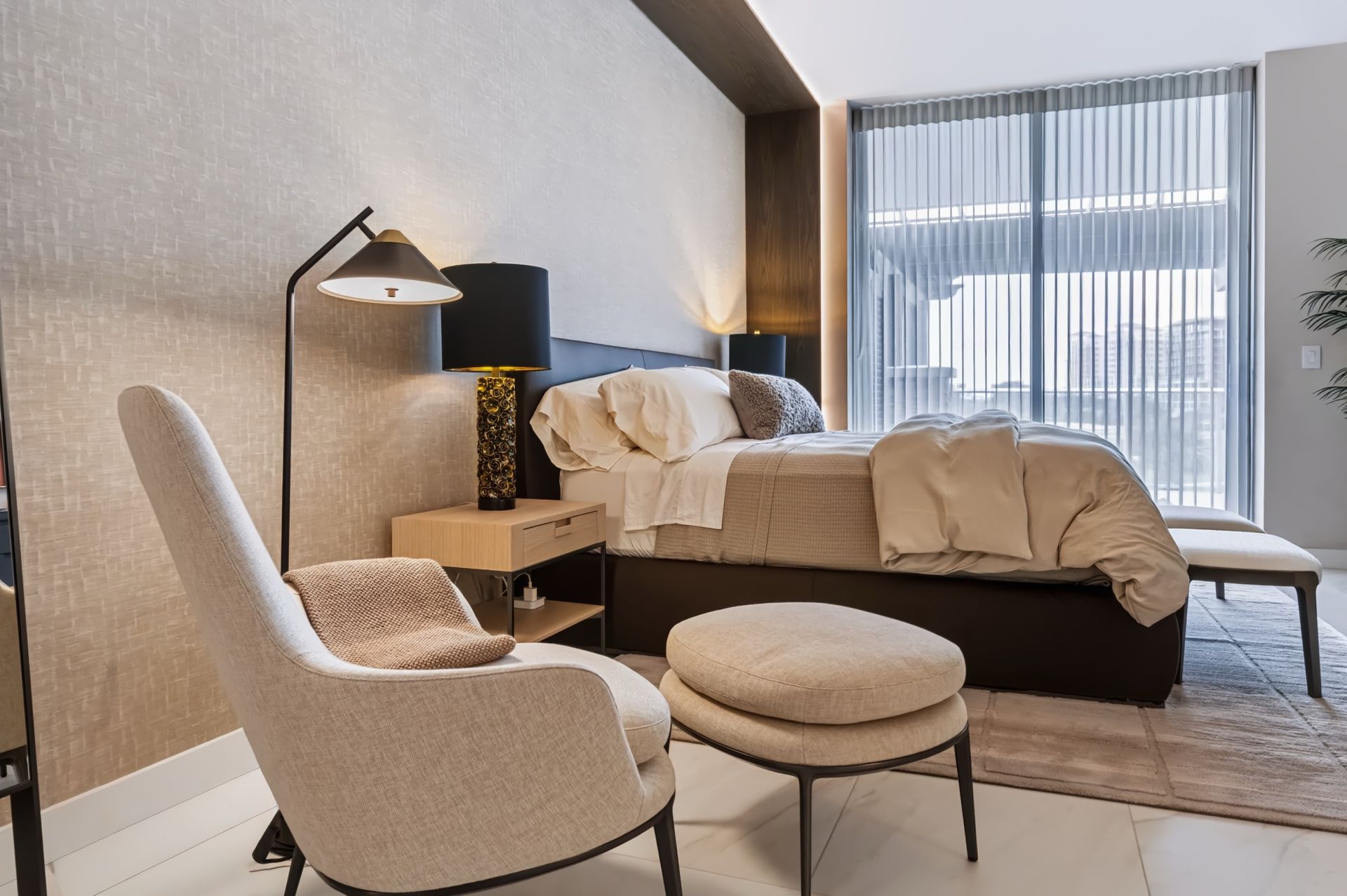 Guest bedroom with layered neutral tones, Barbakoff Residence at Alina Residences, Boca Raton