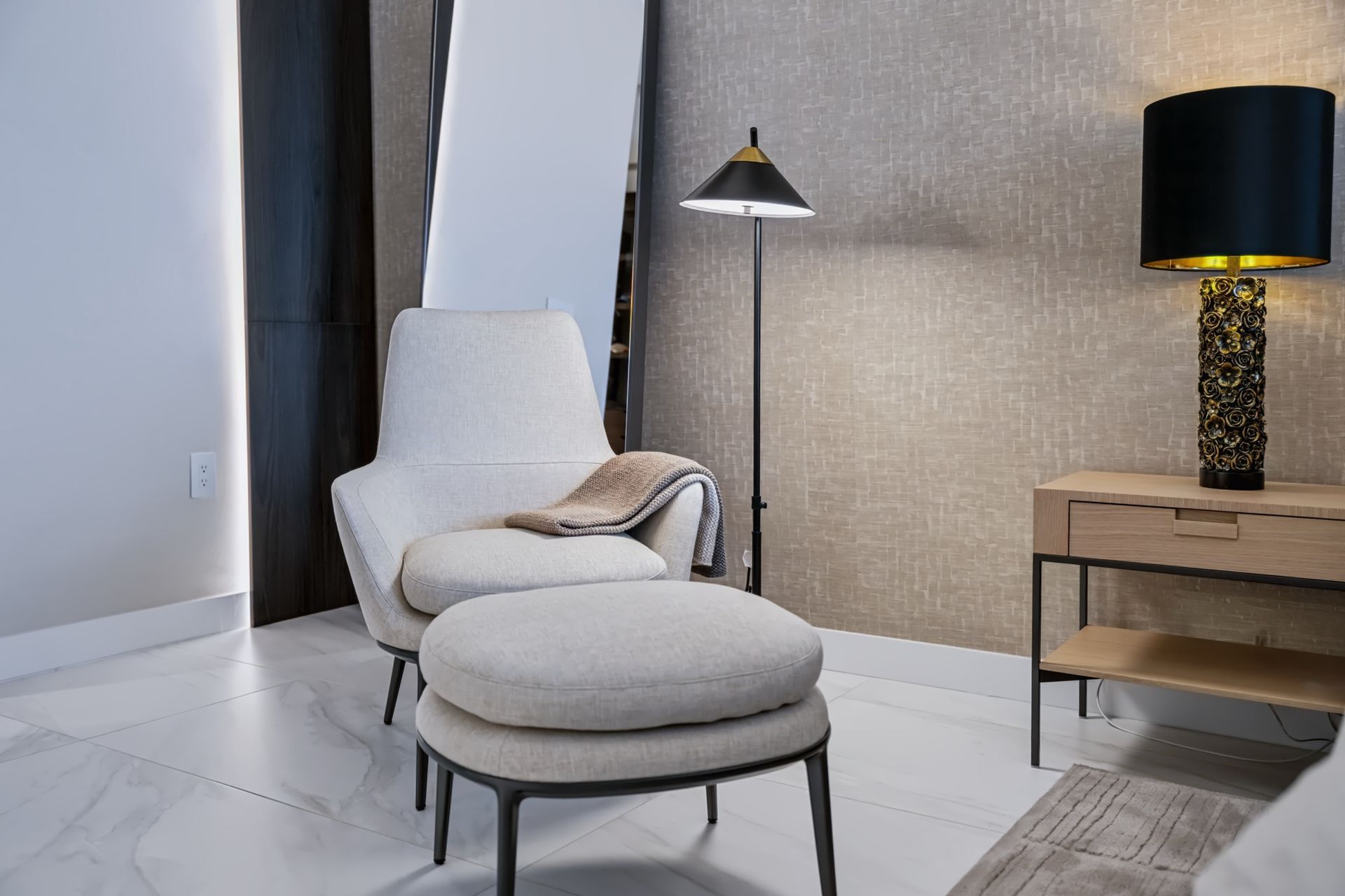 Guest bedroom with layered neutral tones, Barbakoff Residence at Alina Residences, Boca Raton