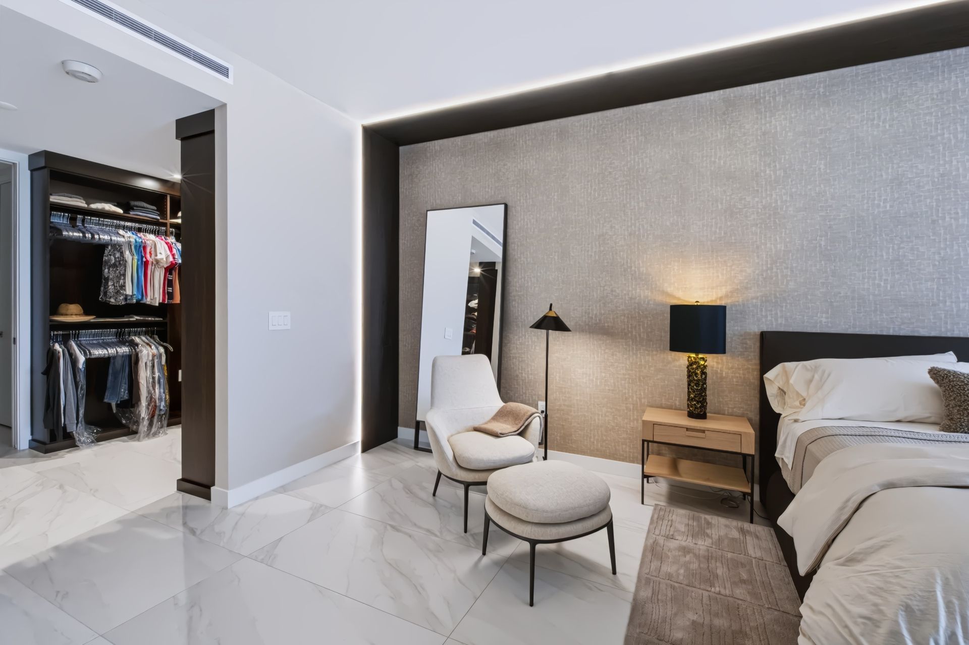 Primary bedroom and walk-in closet, Barbakoff Residence at Alina Residences, Boca Raton