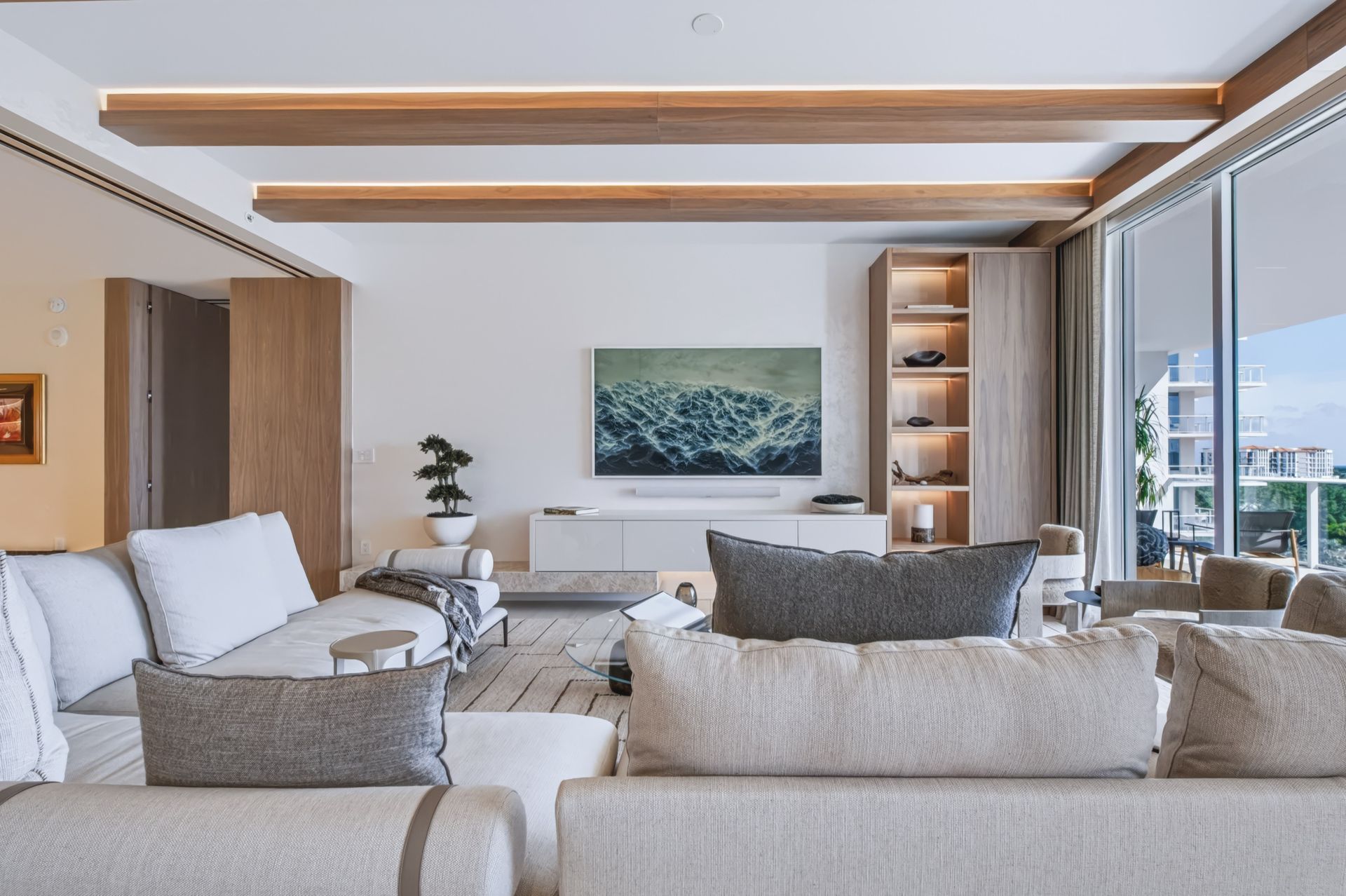 Living room with natural oak ceiling beams, Finn Residence at Alina Residences, Boca Raton