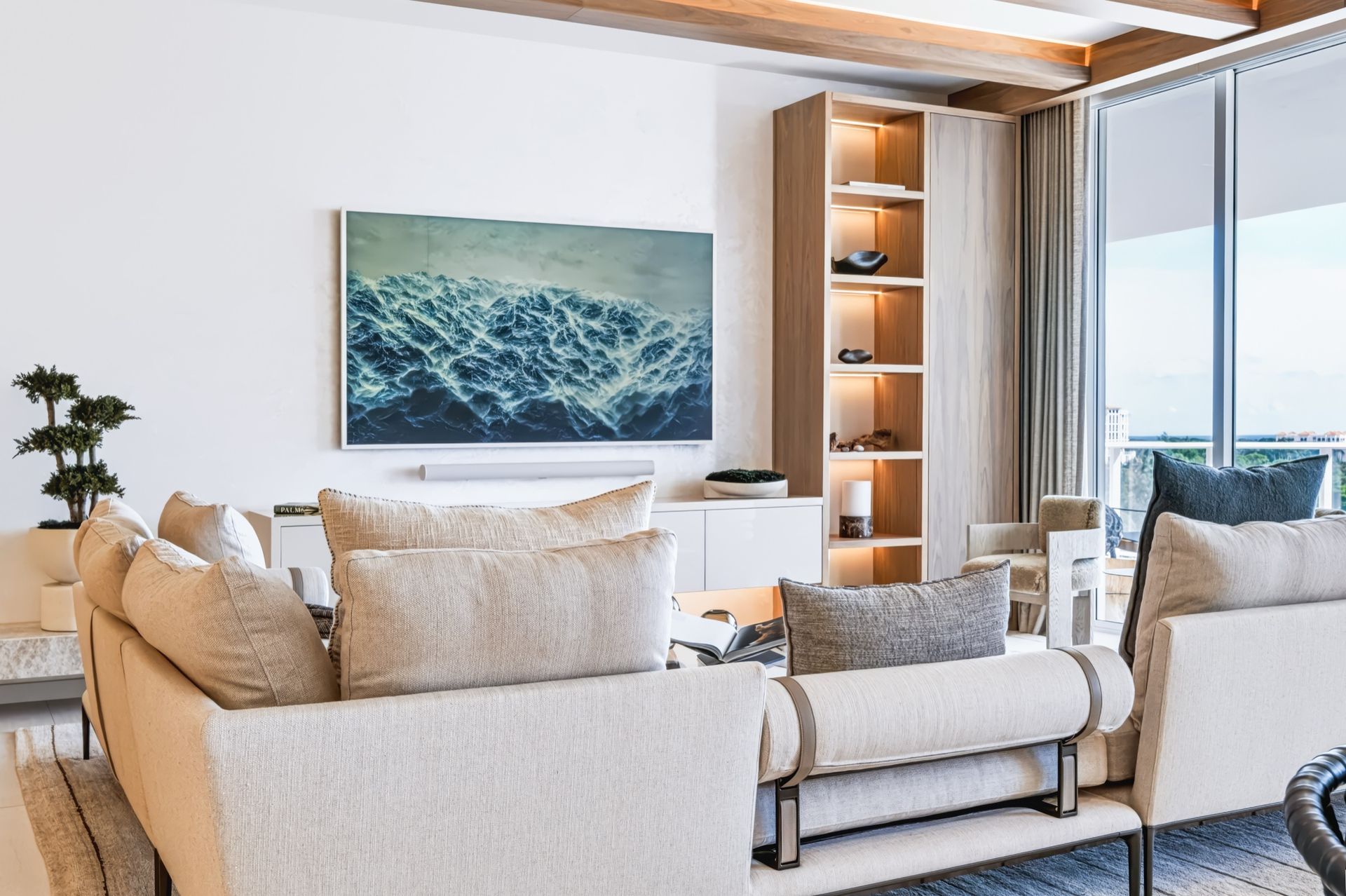 Living room with natural oak ceiling beams, Finn Residence at Alina Residences, Boca Raton