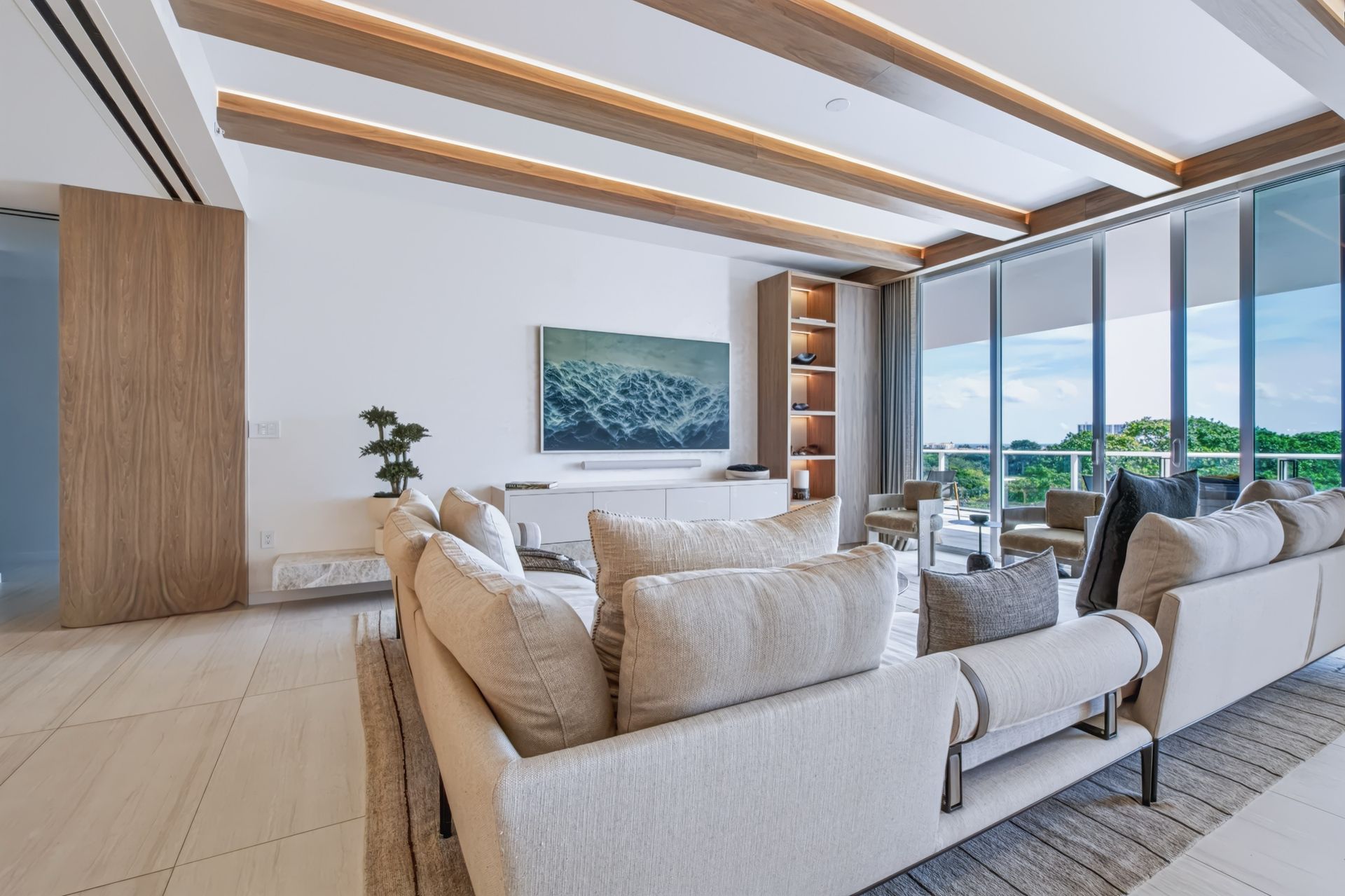 Living room with natural oak ceiling beams, Finn Residence at Alina Residences, Boca Raton