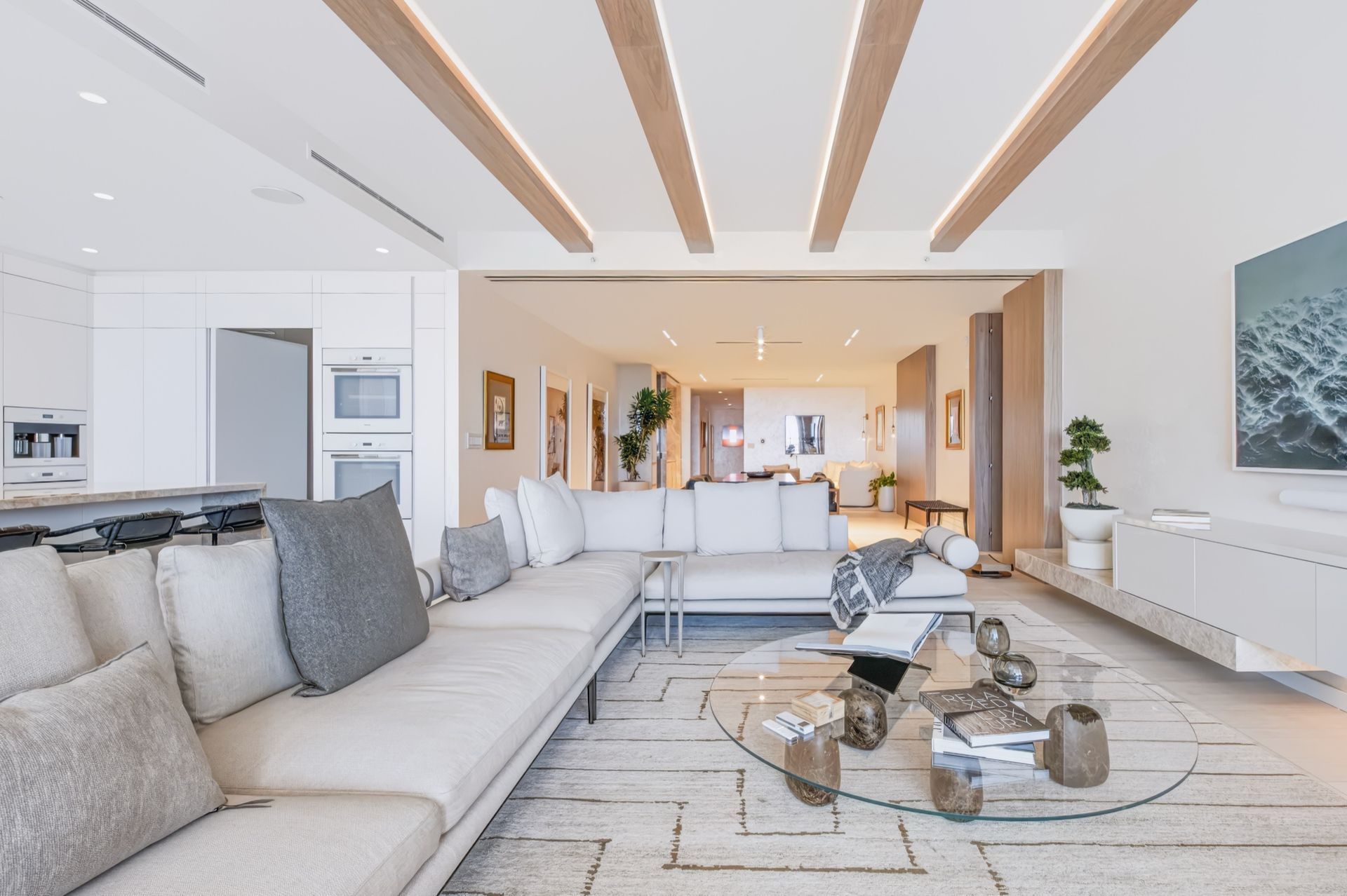 Living room with natural oak ceiling beams, Finn Residence at Alina Residences, Boca Raton