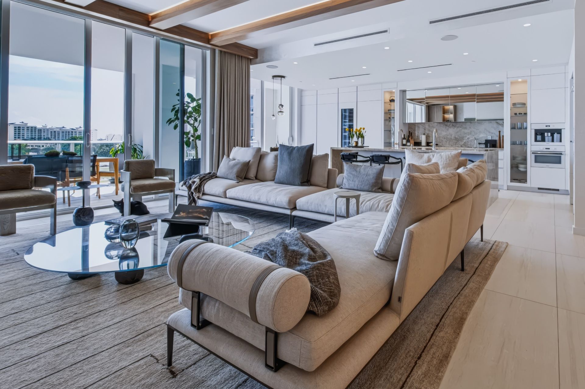 Living room with natural oak ceiling beams, Finn Residence at Alina Residences, Boca Raton