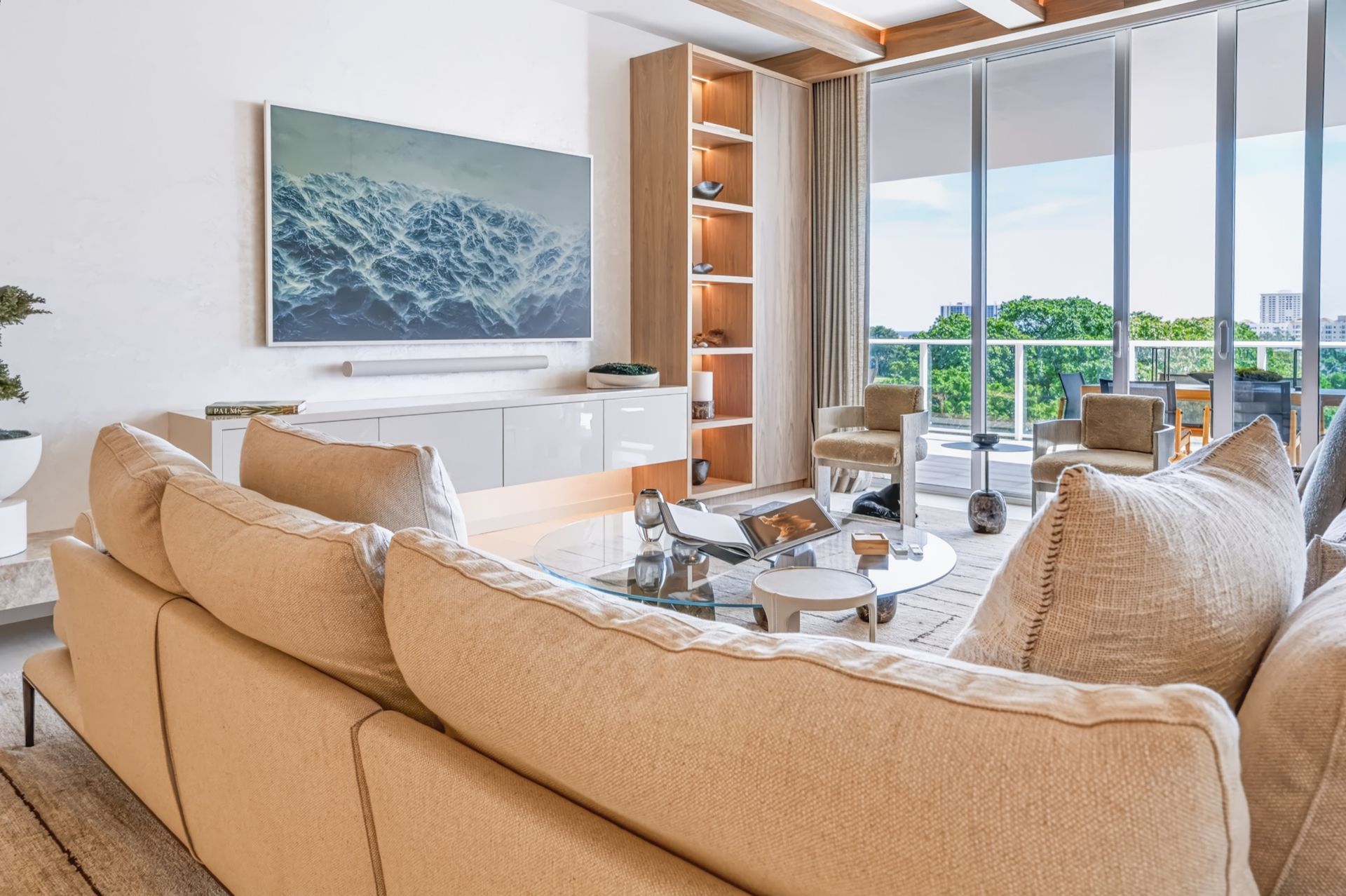 Living room with natural oak ceiling beams, Finn Residence at Alina Residences, Boca Raton
