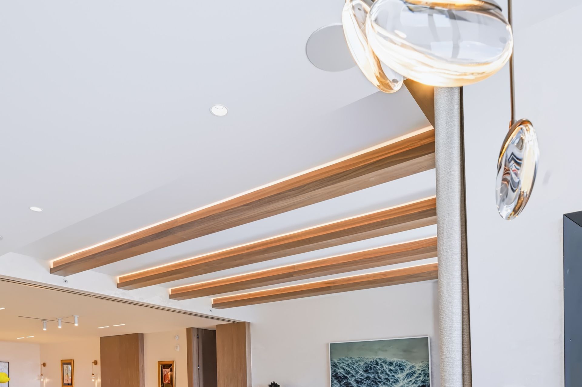 Living room with natural oak ceiling beams, Finn Residence at Alina Residences, Boca Raton