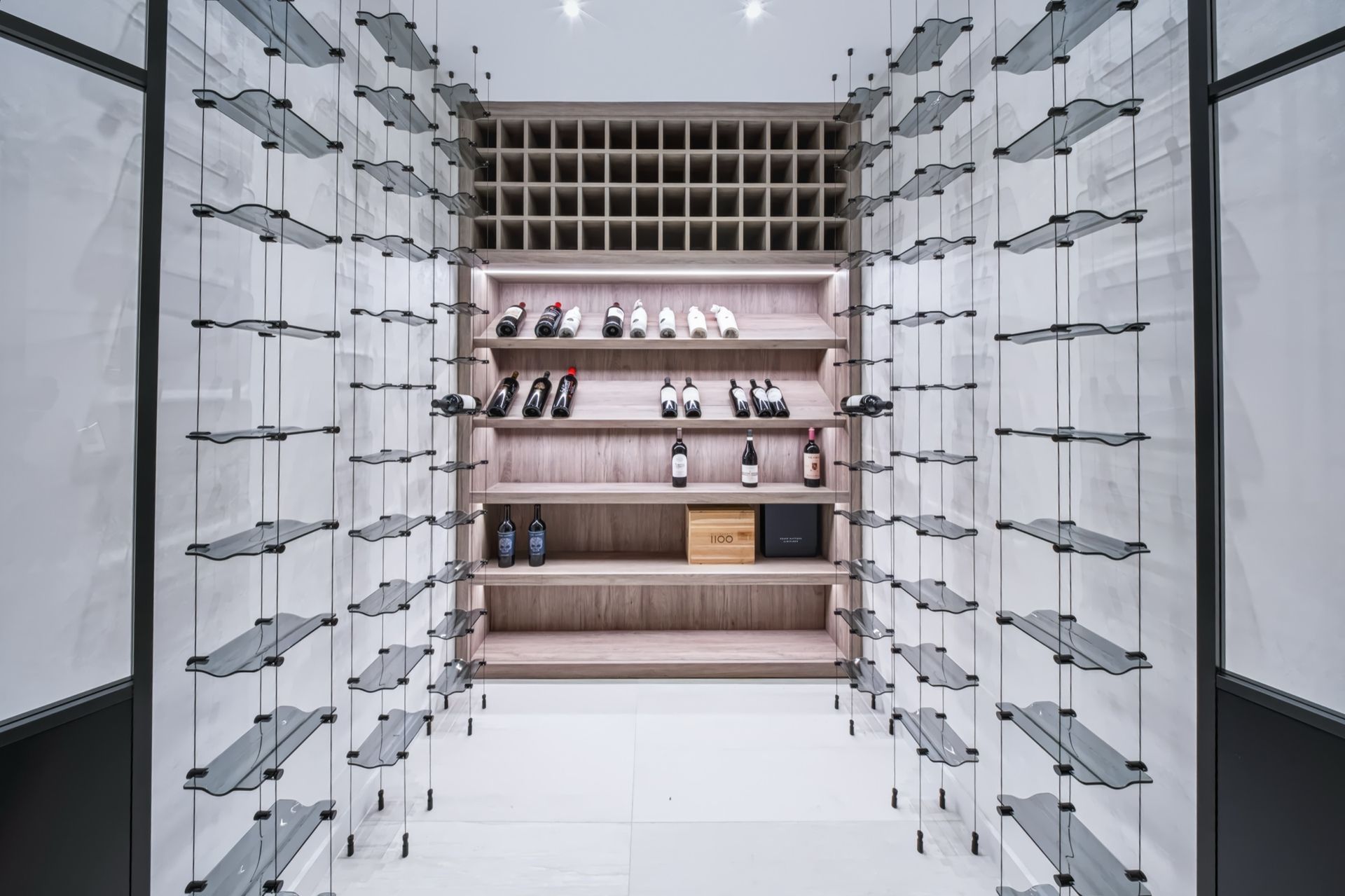 Glass wine room with black ADL doors, Finn Residence at Alina Residences, Boca Raton