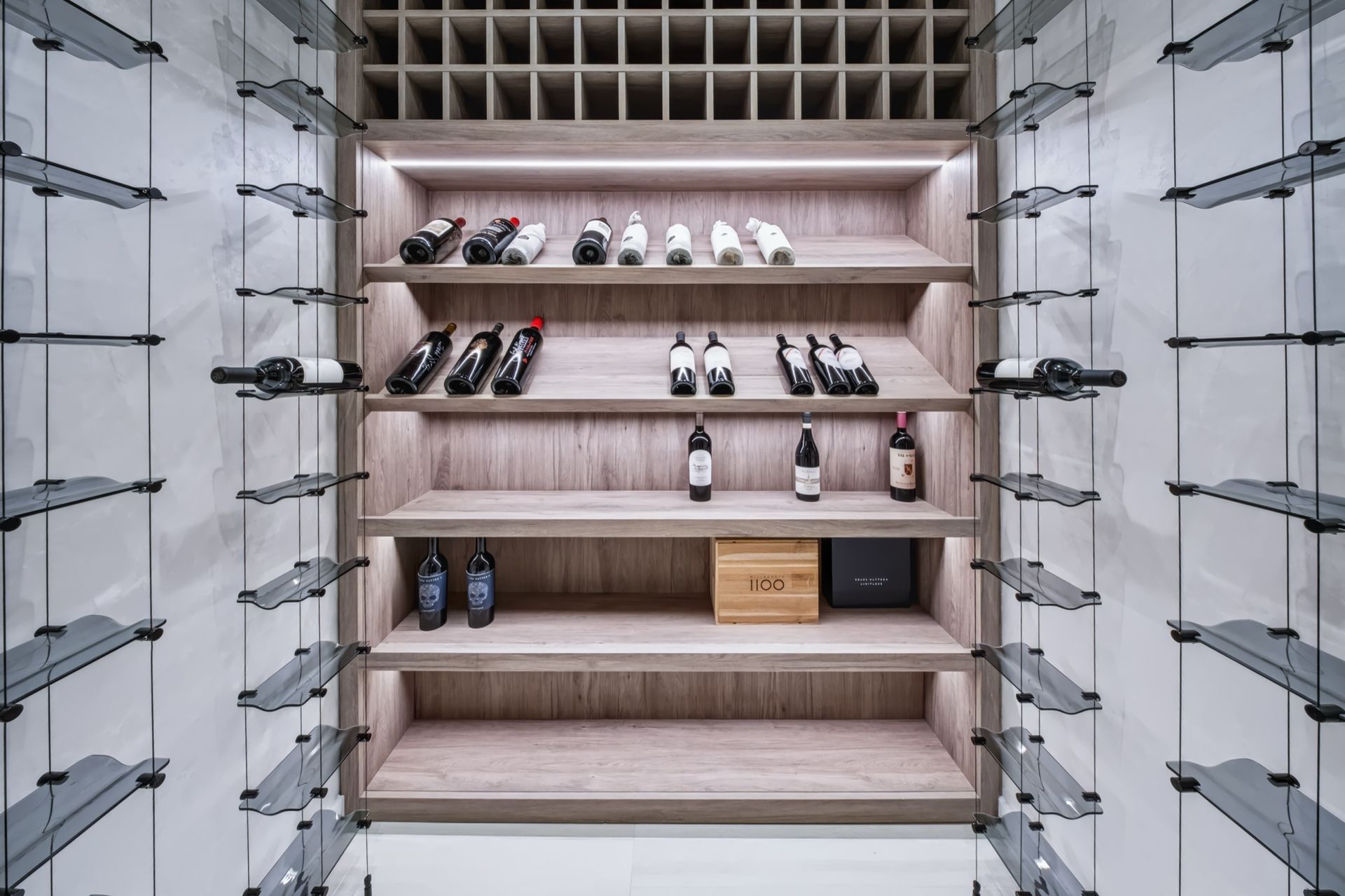 Glass wine room with black ADL doors, Finn Residence at Alina Residences, Boca Raton