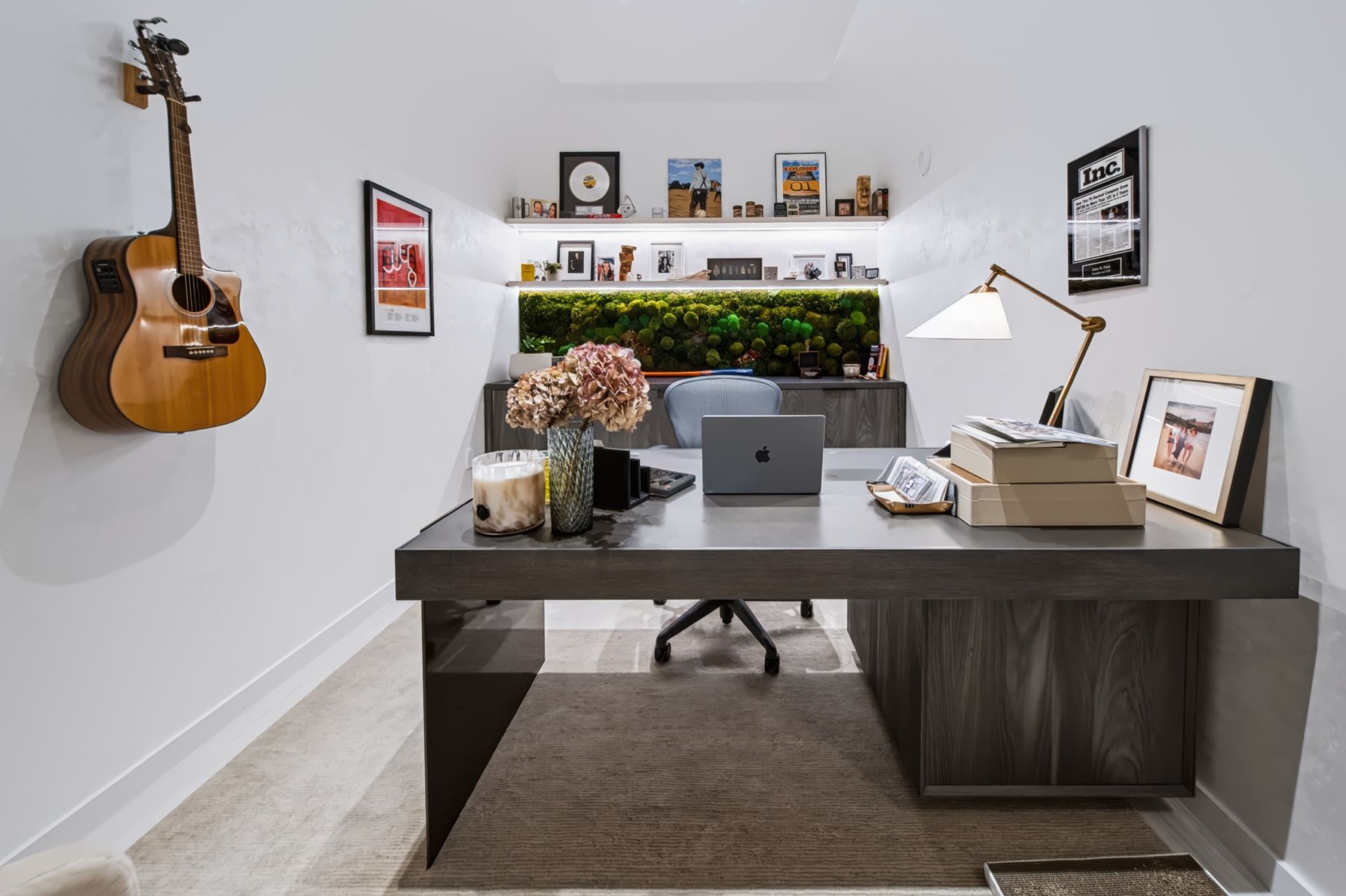Home office with moss wall and custom cabinetry, Finn Residence at Alina Residences, Boca Raton