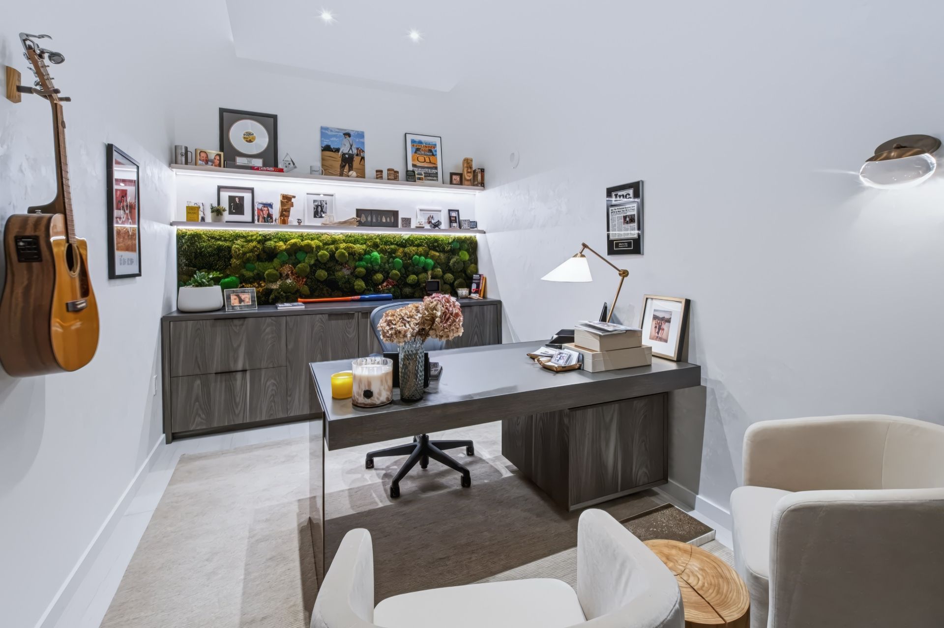 Home office with moss wall and custom cabinetry, Finn Residence at Alina Residences, Boca Raton