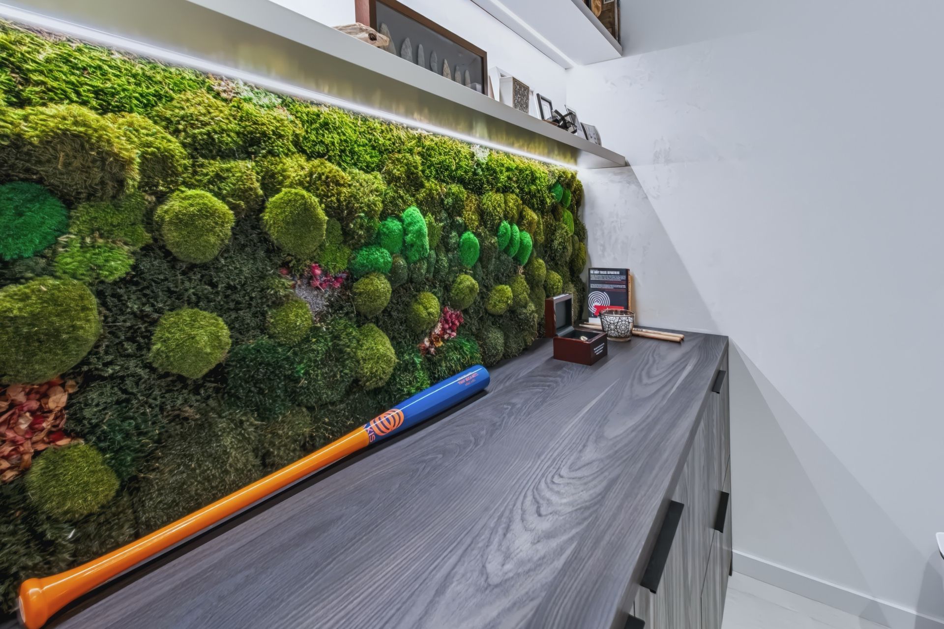 Home office with moss wall and custom cabinetry, Finn Residence at Alina Residences, Boca Raton