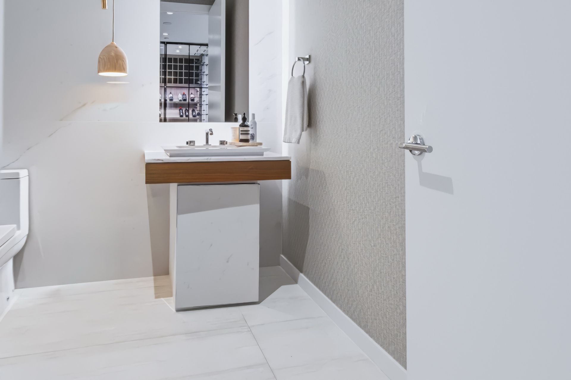 Powder room with oak vanity, Finn Residence at Alina Residences, Boca Raton