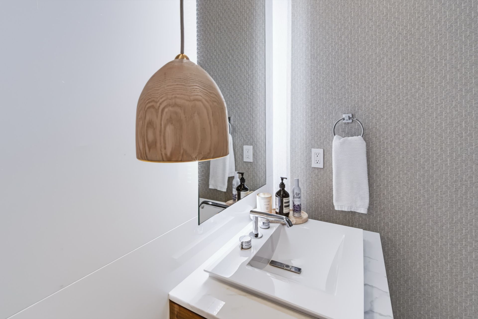 Powder room with oak vanity, Finn Residence at Alina Residences, Boca Raton