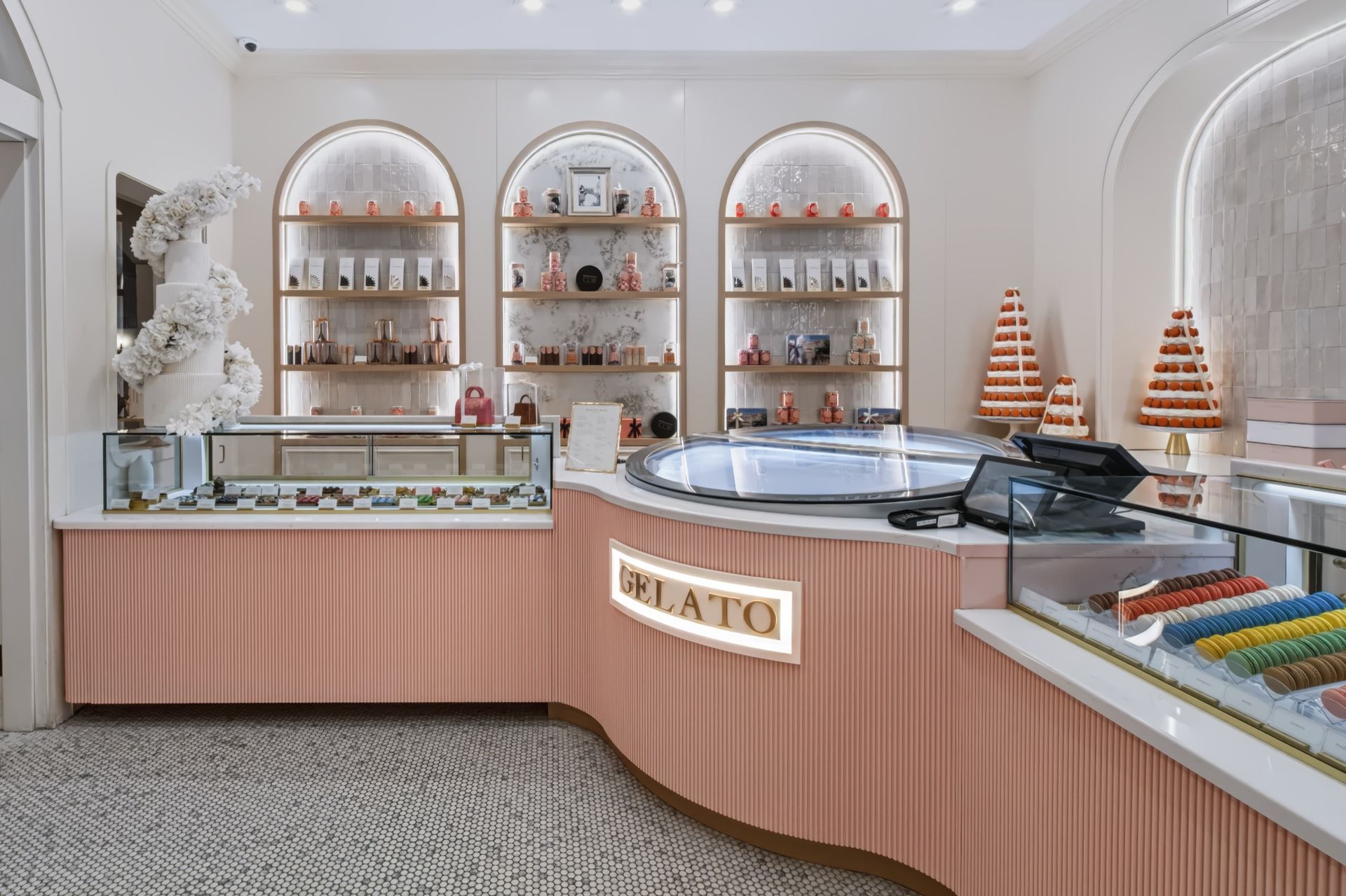Fluted rose gelato counter with arched display shelving, Maison Rose at The Boca Raton