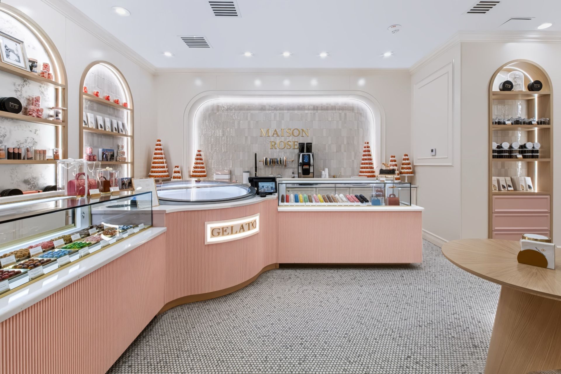 Fluted rose gelato counter with arched display shelving, Maison Rose at The Boca Raton