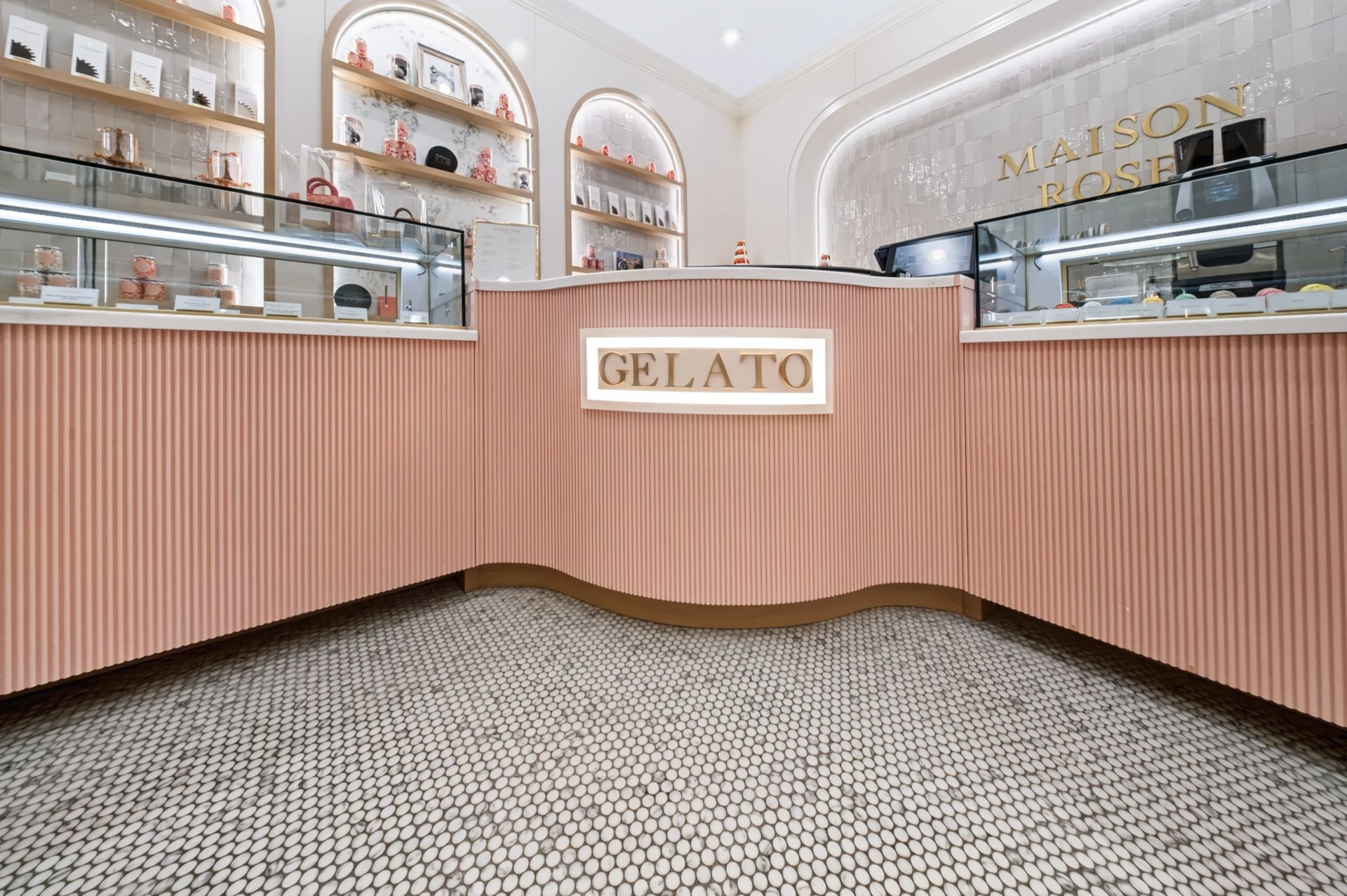 Fluted rose gelato counter with arched display shelving, Maison Rose at The Boca Raton