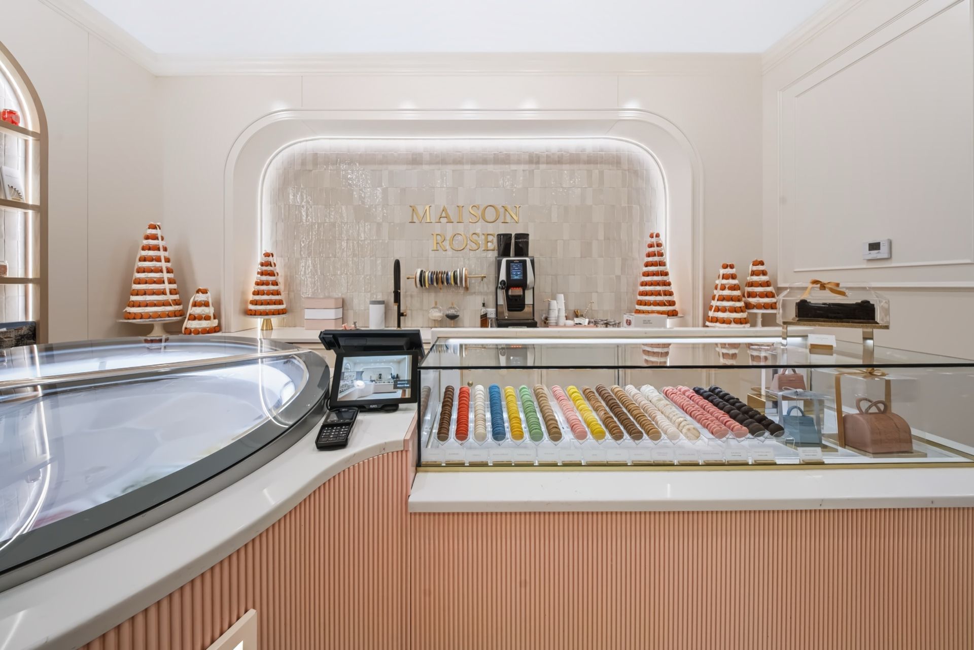 Fluted rose gelato counter with arched display shelving, Maison Rose at The Boca Raton