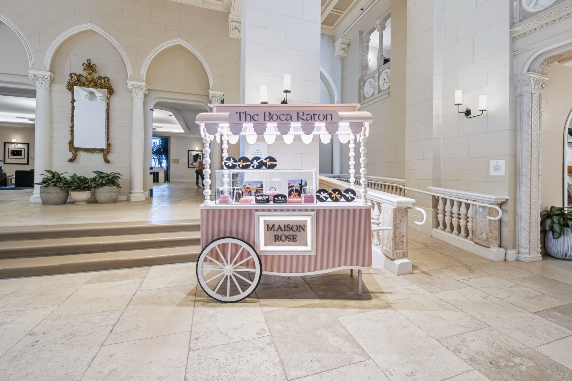 Bespoke macaron cart with scalloped canopy, Maison Rose at The Boca Raton