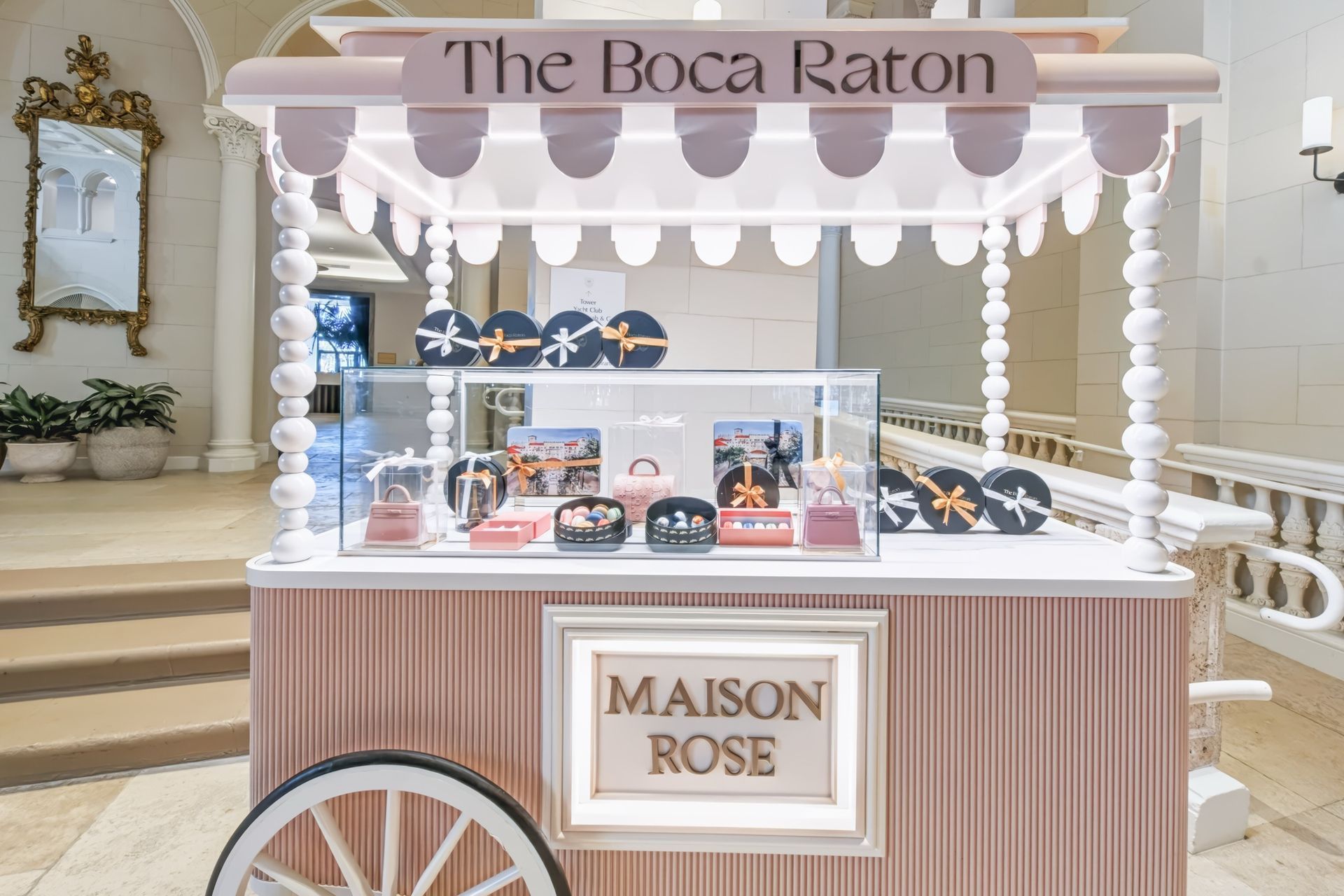 Bespoke macaron cart with scalloped canopy, Maison Rose at The Boca Raton