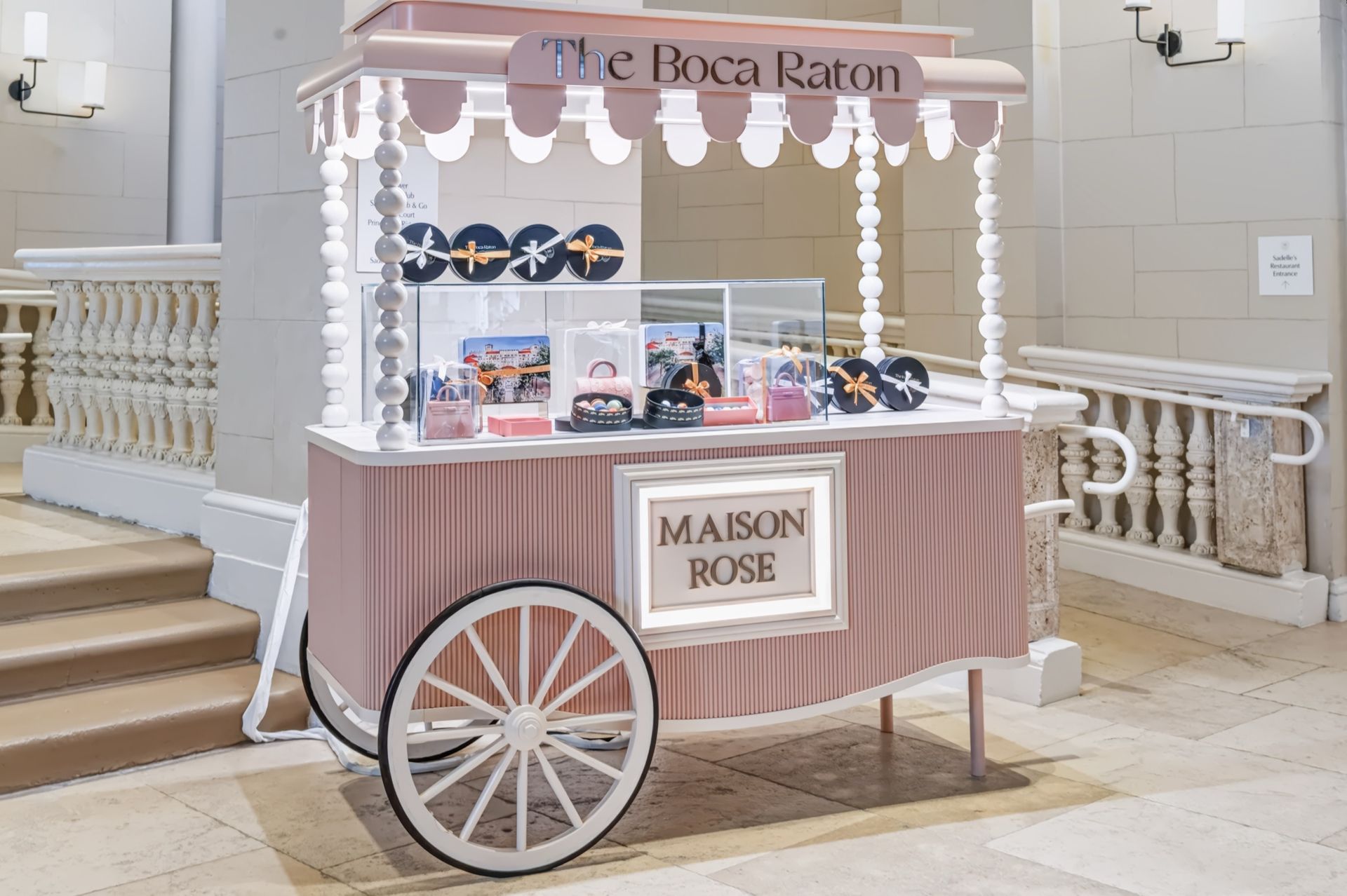 Bespoke macaron cart with scalloped canopy, Maison Rose at The Boca Raton