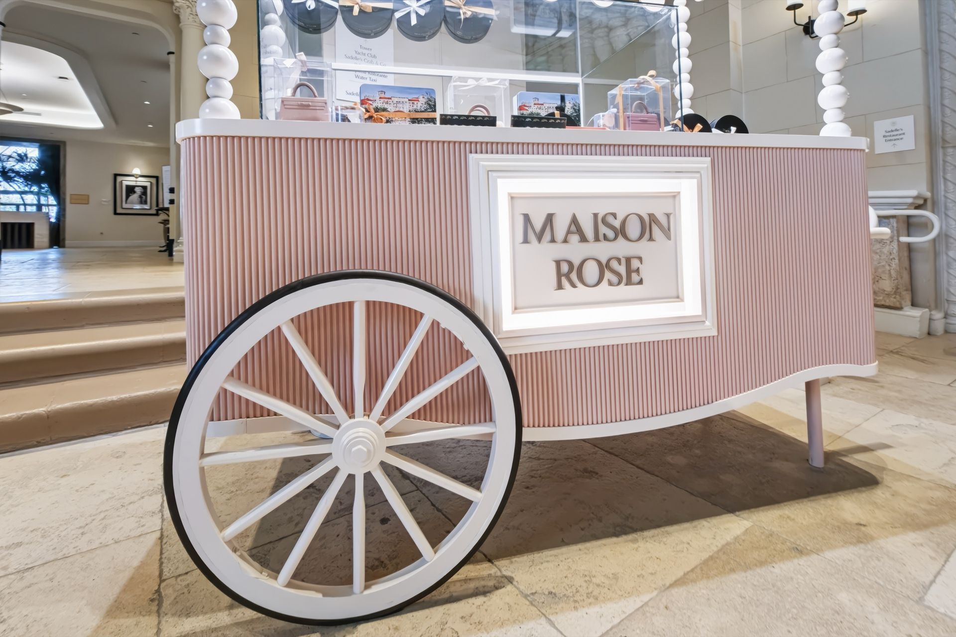Bespoke macaron cart with scalloped canopy, Maison Rose at The Boca Raton