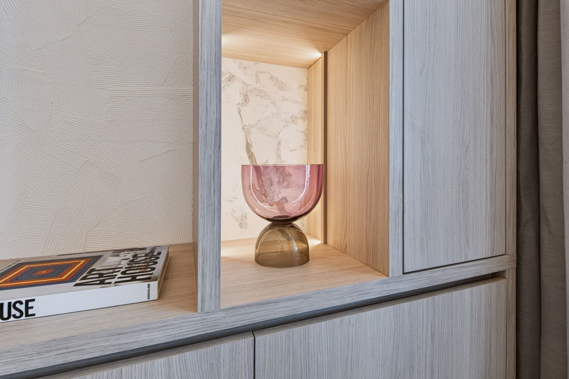 Entertainment wall with Calacatta Milano marble niches, Streinger Residence at Alina Residences, Boca Raton
