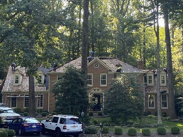 Large stone house with ivy, trees behind it, and cars parked in the driveway.