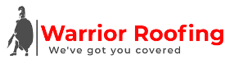 Warrior Roofing logo with red text, a gray warrior silhouette, and the tagline &ldquo;We&rsquo;ve got you covered&rdquo;
