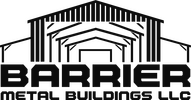 Barrier Metal Buildings LLC logo with a black metal building frame and bold text.