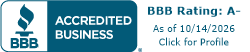 BBB Accredited Business badge with BBB logo and A+ rating, dated 10/14/2026, with “Click for Profile” text
