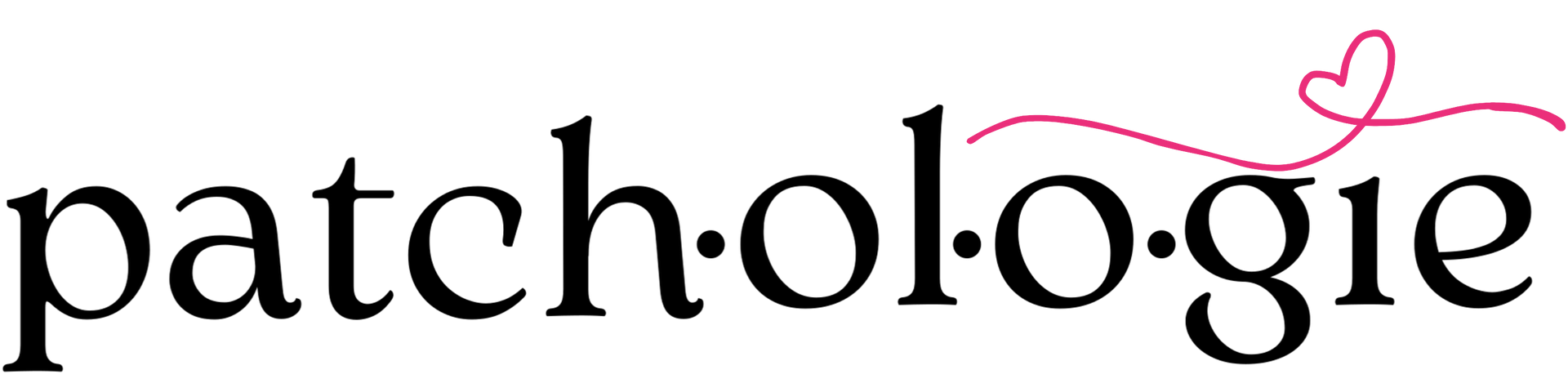 Patch·o·gie logo in black lowercase text with a pink heart above the “i” and a pink underline swirl