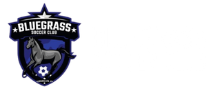 Bluegrass Soccer Club logo: A horse inside a shield with text. Dark blue and gray colors.