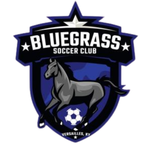 Bluegrass Soccer Club logo: running horse, soccer ball, shield with blue and black accents.