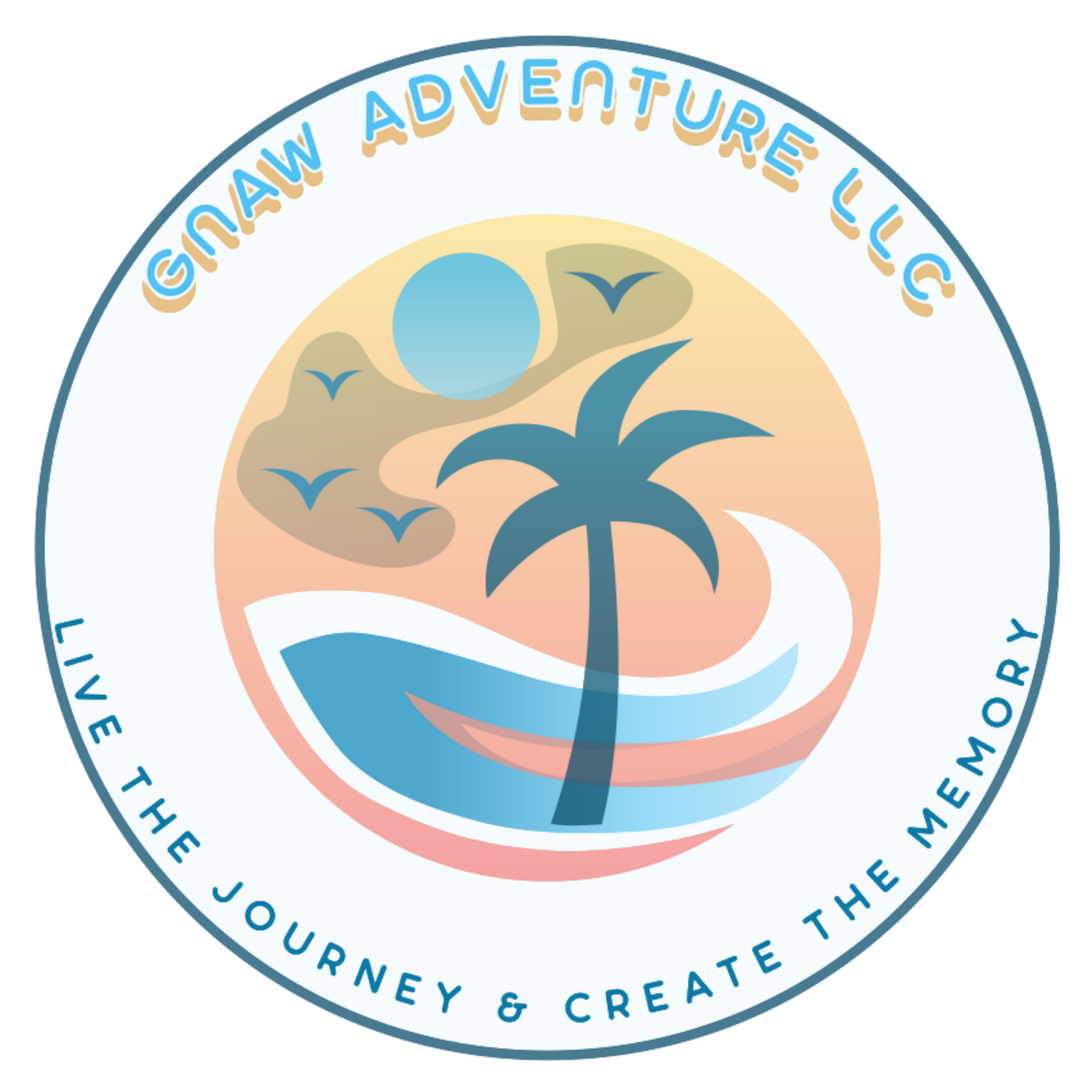 CNAW Adventure LLC logo with palm tree, sunset, waves, and tagline &ldquo;Live the Journey & Create the Memory&rdquo;