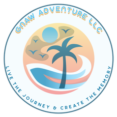 CNAW Adventure LLC logo with palm tree, sunset, waves, and tagline &ldquo;Live the Journey & Create the Memory&rdquo;