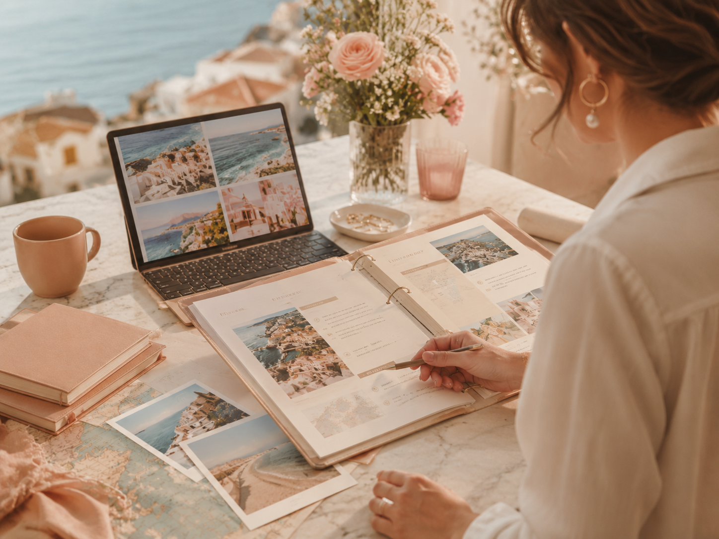 Person arranging a photo album and prints on a desk beside a laptop in a warm, cozy workspace