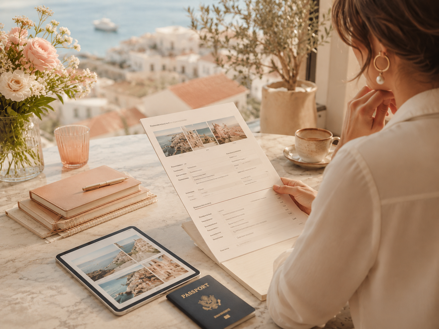 Woman writing at a sunlit seaside desk with flowers, notebooks, passport, and travel photos