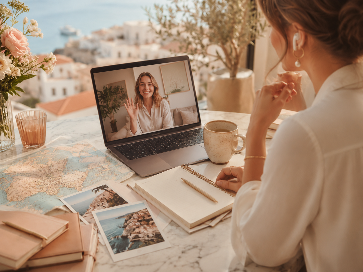 Person on video call at a sunlit desk with laptop, notebook, coffee, and postcards by a window