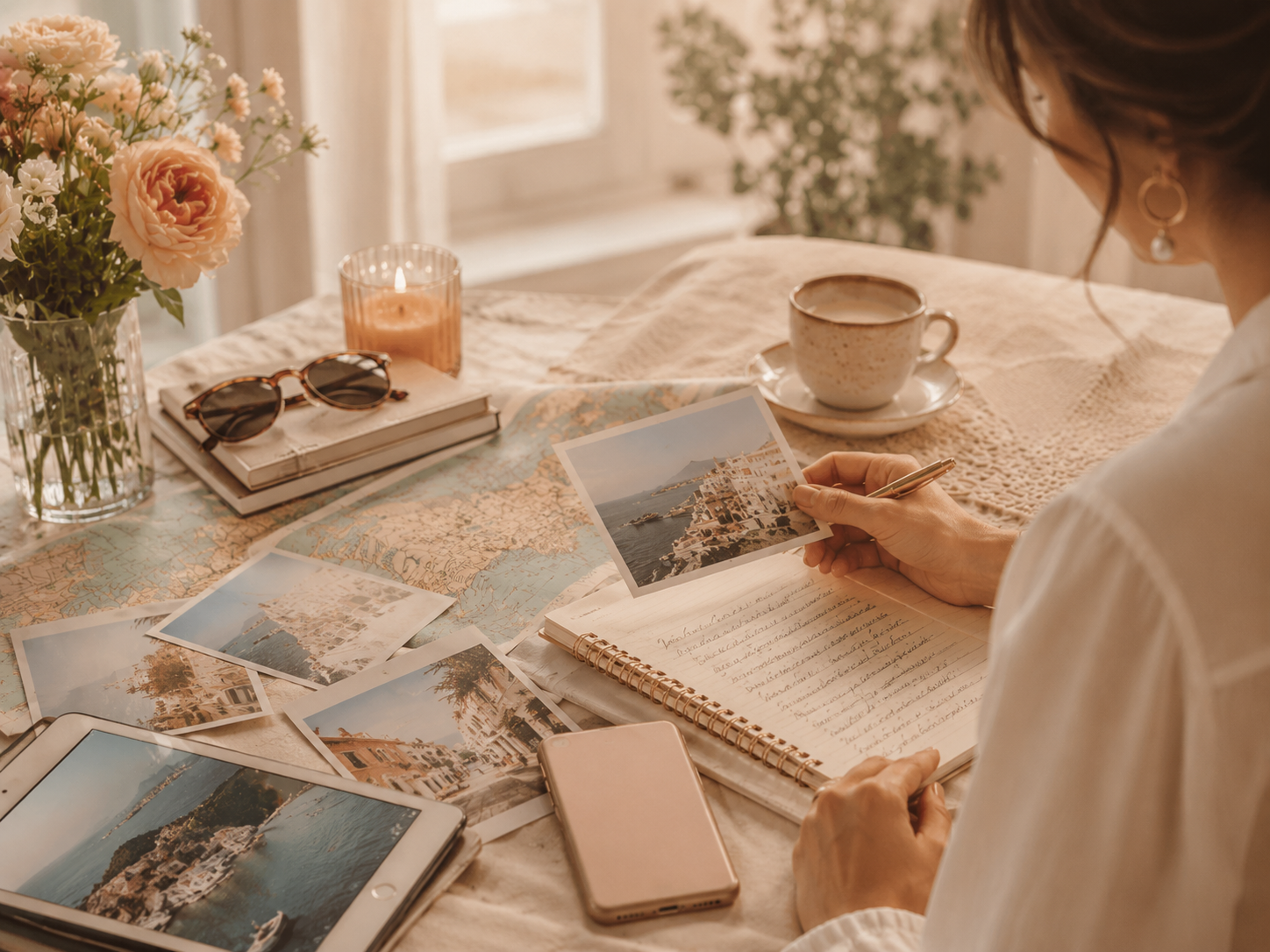 Person writing in a photo album at a sunlit table with scattered prints, tea, flowers, and a phone